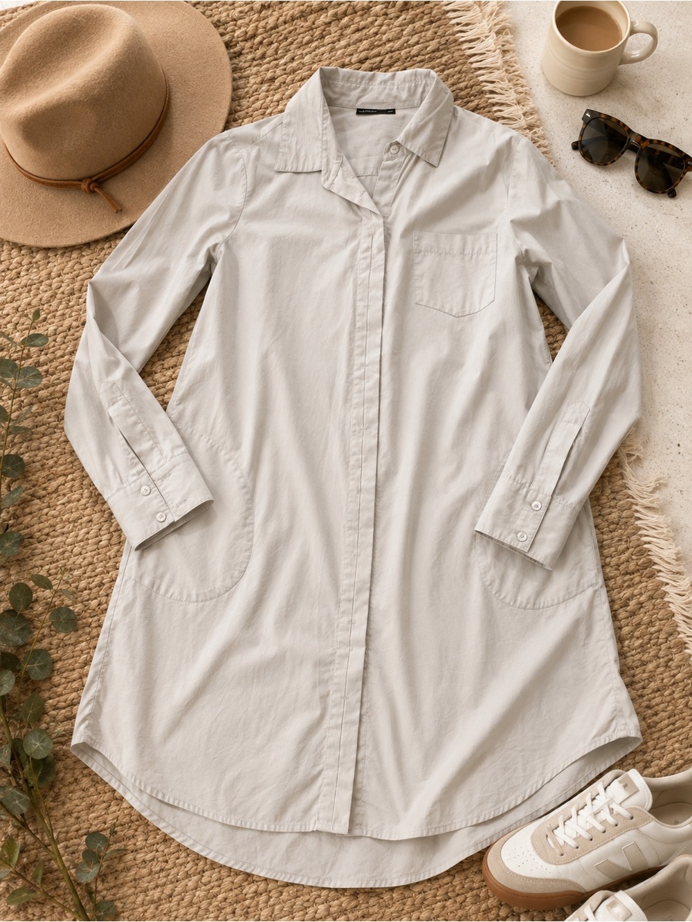 Saks Fifth Ave Linen cotton Khaki Shirt Dress sz 8 Boho (g24)